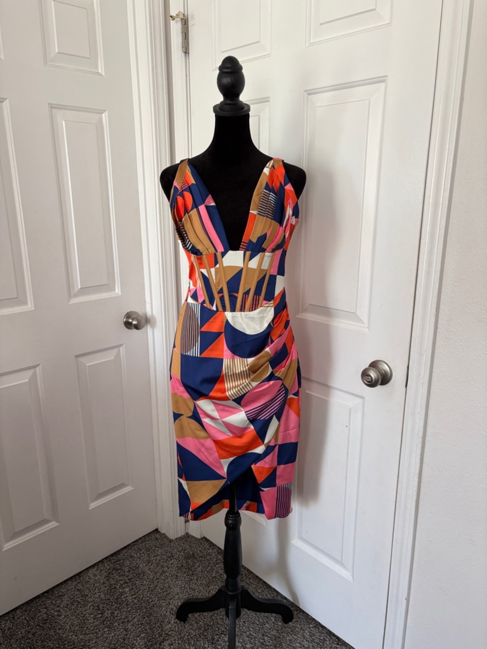 Avery “Mauve” NWOT Draped Mini Dress in Multicolor Geometric Pattern
